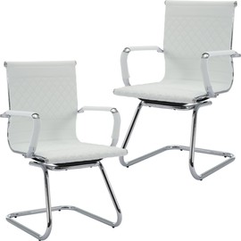 BESTANO Office & Reception Chairs Set of 2 - Modern PU Leather Mid Back Desk Chairs, White