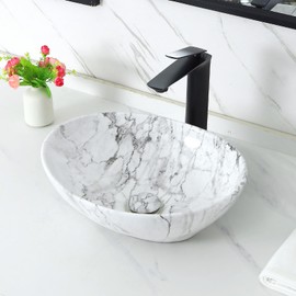 Davivy 16.3"x13.2" Nordic Marbling Oval Vessel Sink with Pop Up Drain,Ceramic White Bathroom Sinks Above Counter,Small Egg Shape Vessel Sink,Oval Sink Bowls for Bathroom