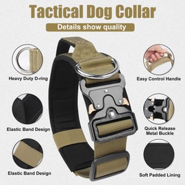 AKOFIC Tactical Dog Collar, Heavy Duty Wide Dog Collar with Handle and Soft Padded, Adjustable Comfortable Pet Collar for Small Medium and Large Dogs Training (Dark khaki, M)