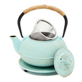 Juvale Cast Iron Tea Kettle with Infuser - Green, 18 oz/500 ml, 3-Piece Set - Teapot for Brewing Loose Leaf Tea - Stovetop Safe Tetsubin Set with Trivet