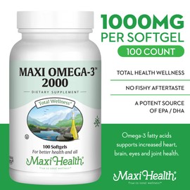 Maxi Health Omega 3 Fish Oil 2000mg – Fish Oil Omega 3 Supplements with No Fishy Aftertaste – Triple Strength EPA DHA – Kosher Omega3 Supplement to Help Support Overall Wellness (100 Softgels)