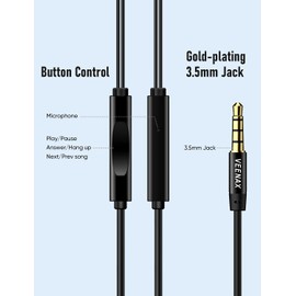 VEENAX M2 Wired Earbuds Stereo Earphones with Ultra Bass, in-Ear Headphones with Microphone, Durable Tangle Free Cord, Noise Isolating Headset for Phone Computer Laptop Tablet MP3, 3.5mm Jack, Black