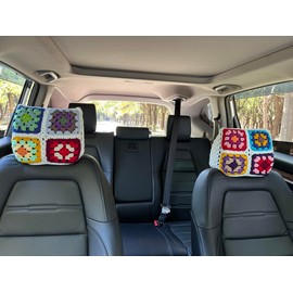 Hosootan Crochet Granny Square Car Headrest Cover,Crochet Soft Decorative Universal Fit,2-Pack,for Sedans SUVs Trucks (Granny Square)