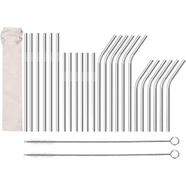 24er Metall Strohhalm Wiederverwendbar Trinkhalme Edelstahl Metallstrohhalm im Stoffbeutel mit 2 Reinigungsbürsten MEHRWEG