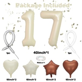 17 Cream White Balloons, 17 Number Balloons Set, Beige Number 17 Balloons, Brown Sand White Foil Star Heart Balloons With Long Balloons For 17th Birthday Party 1st 7th Baby Shower Decorations