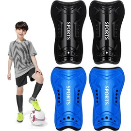2 Pairs Soccer Shin Guards for Toddler Kids Youth, Soccer Shin Pads with Adjustable Double Strap for 3-14 Years Teens Lightweight Calf Protective Gear for Football Soccer (Black and Blue, M)