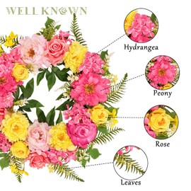 Wreaths for Front Door, WELL KNOWN Spring Summer Seasonal Hot Pink & Yellow Flowers Wreath for Front Door, Artificial Silk Peony Flower Wreath for Wall Hanging, Home Office Wedding Party Decor