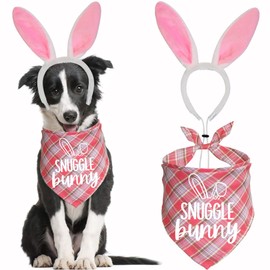 JOTFA Easter Dog Bandana Bunny Costumes, Easter Bunny Dog Headband Buffalo Plaid Dog Easter Bandanas for Small Medium Large Dogs