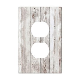 Rustic White Grey Distressed Faux Wood Grain Vintage Wooden Plank 1 GangDuplex Receptacle Switch Wall Plate Jumbo Electrical Outlet Cover Receptacle PlugCovers Faceplate Farm Light Brown Kitchen Decor