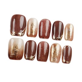 Herbeluemily Nail Tip, Short, Handmade, Storage Case, 10 Pieces, Gel Nail Style, Red, B (Red x Gold), L