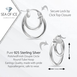arete de aro de plata de ley con acabado pulido, doble círculo, redondos, 15 mm de diámetro. Plateado