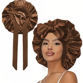 New Double Layer Satin Adjustable Bonnet with Tie Band forSleeping Satin Lined Silk Skin Friendly Bonnets for womenNatural Curly Hair Ladies' Gift HaircareHeatless Golden Soft:_brown