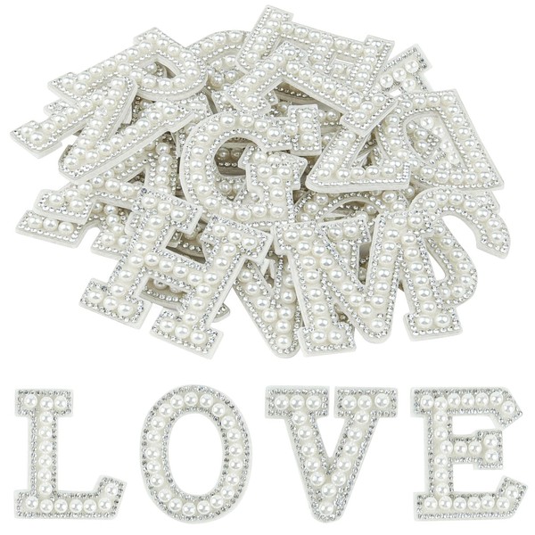 Morcheiong 52Pcs Pearl Rhinestone Letter Patches Self Adhesive A-Z, Stick on Pearl Letter Patches for Clothes, Fabric, Backpack (White)
