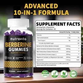 Nutravita Berberine Gummies with Ceylon Cinnamon 1500mg High Potency Berberine HCL Supplement for Immune and Metabolism Support, Sugar Free Organic Berberine Gummies Blueberry Flavor-1PACK