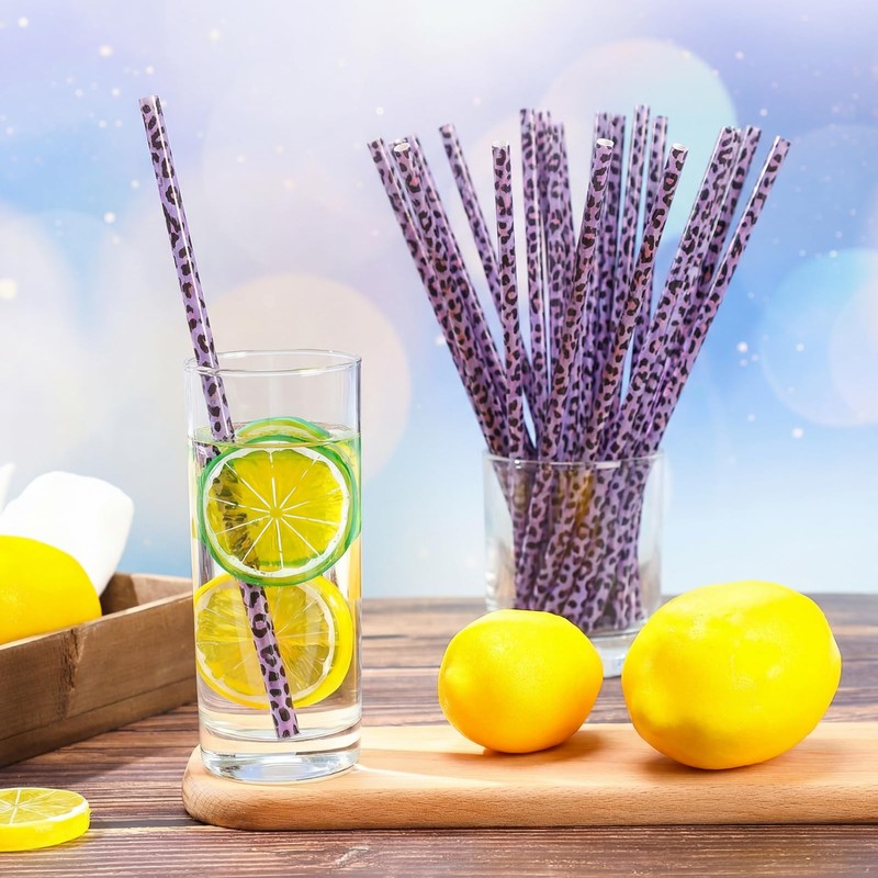 25 Pcs Reusable Leopard Straws with Cleaning Brushes, Purple