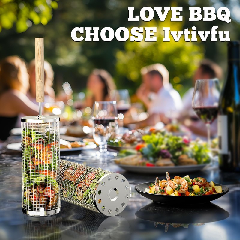 ivtivfu Rolling Grill Basket, Removable Wooden Handle, 304 Stainless Steel,