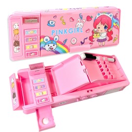 Pop Up Multifunction Pencil Case, Cute Cartoon Pen Box Organizer Stationery with Password Lock, Sharpener, Schedule, Whiteboard, School Supplies, Best Birthday Gifts for Kids Teens, Pink, Fashion