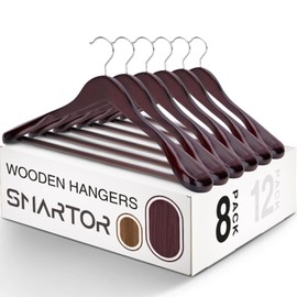 SMARTOR Suit Hangers for Men 8 Pack, Wide Shoulder Wooden Suit Hangers with Non Slip Pant Holder, Wide Hanger for Suit, Coat, Jacket, Gown, Heavy Duty Wood Suit Hanger, Cherry
