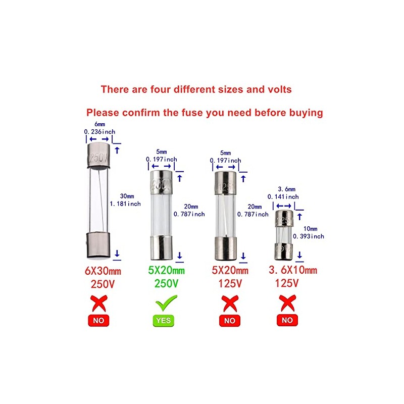 Yoiilnz 20 pcs T6.3AL250V Glass fuses Slow-Blow 5x20mm Time-Lapse 6.3