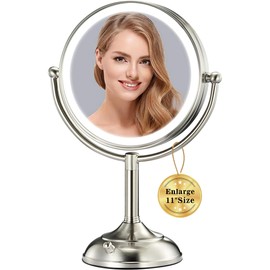 VESAUR 11.8" Extra Large 17" Tall Lighted Makeup Mirror, 1X/5X/10X 3-Sided Magnifying Mirror with 96 LEDs, 3 Color Dimmable Lights, 360° Swivel Dual Power Vanity Mirror, Nickel Finish Luxury Gift Box