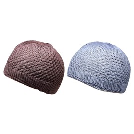 Set 2 Pcs Muslim Beanie Cap AMN-420 Dark Brown and Grey Color Islam Kufi Prayer Knit Hat Crochet Taqiyah Takke Skull Topi Eid Ramadan Gift
