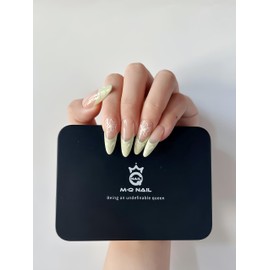 M·Q NAIL,Press on nails,Green french almond long nails,Hand drawn,Includes 48 jelly glue and 2 cuticle sticks and 2 rubbing strips (Green french almond, M)
