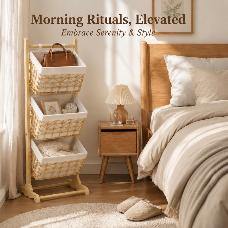 Three-Tier Floor-Standing Storage Rack, Hand-Woven Storage Basket, Vertical Storage Rack,