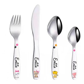 KIDDI-MEDIA Children's Cutlery with Engraving / Motif Cute Cats / with Coloured Cat Motifs / Set of 4 (All Engraved with Name) / Stainless Steel / Engraving Name and Birthday Possible