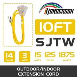 HONDERSON 3-Outlets Indoor Outdoor Extension Cord Weatherproof with Lighted End, UL Listed, 14 Gauge 10FT Yellow 3 Prong Heavy Duty Extension Cord Multiple Outlets, 14/3 SJTW 15A Extension Cord