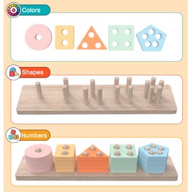 Montessori Toy Set for 18-24 Months, 5-in-1 Wooden Sensory Learning Toys with Shape Sorter, Color Sorting, Lacing Beads, Nesting Cups, and Rain Stick