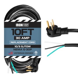 Iron Forge Cable 10 Gauge Power Cord Replacement - 10ft,30 Amp Black Heavy Duty, 10/3 SJT 3 Prong Cable - for Heavy-Duty Equipments, NEMA 6-30P