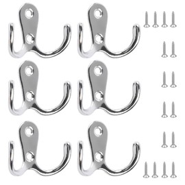 KTHZI 6 PCS Double Prong Robe Hooks,Dual Coat Hooks with 16 PCS Screws,Chrome Wall Mounted Hanging Clothes Hooks for Bedroom Bathroom Kitchen Door Wall(Sliver)