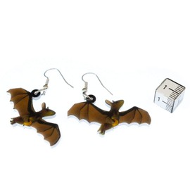 Miniblings Bat Earrings Stud Bat Animals Vampire Flight Fox Brown 3D Print – Handmade Fashion Jewellery I Earrings Silver Plated, Plastic