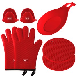 Oven Mitts and Pot Holders Sets Kitchen Essentials – 7Pcs Set Heat Resistant Silicone Gloves, Trivets, Pinchers, and Spoon Rest – Durable Non-BPA Food Safe Materials – Ideal Silicone Baking Set