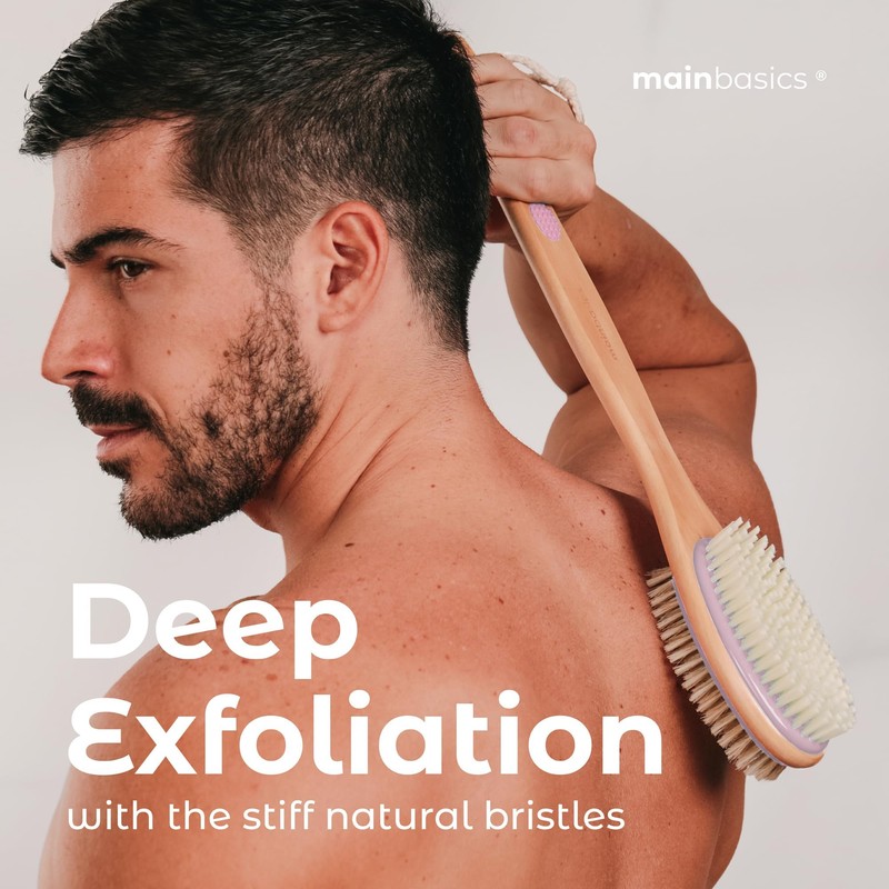 MainBasics Back Scrubber for Shower – Long Handle Dual-Sided Brush