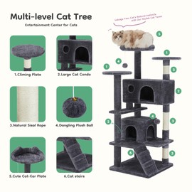 54in Cat Tree, Indoor cat high-Rise Multi-Story Tower, pet playroom with Large Apartment (Gray)