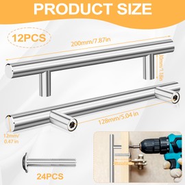 Tufa Pack of 12 Furniture Handles, Silver, Bore Hole Spacing 128 mm, T Bar Kitchen Handles with 24 Screws, Kitchen Cupboard Handles, Stainless Steel Drawer Handles, Door Handles for Kitchen Cabinets