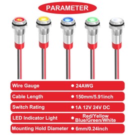 MKBKLLJY 5Pcs 6mm DC 12-24V Red/Yellow/Blue/Green/White LED Metal Indicator Light Waterproof Signal Lamp with 150mm Cable Length Metal LED Indicator Light and Wiring Cap for Car Interior Trucks Boats
