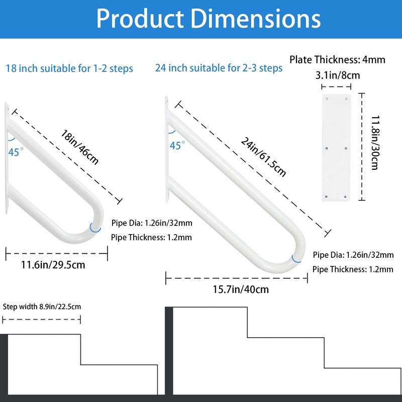 Handrails for Outdoor Steps, 1-2 Steps Wall Mount Stair Railing
