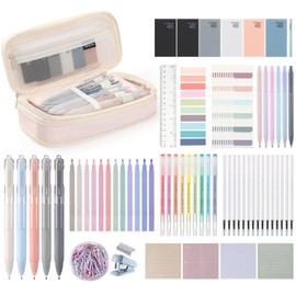 Eersida 74 Pcs Aesthetic School Supplies with Large Pencil Pouch Ink Gel Pens Highlighters Mechanical Pencils 0.5mm Color Pens Note Pads Stapler Set for Student Stationary (Morandi,Bright Style)