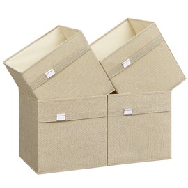 SONGMICS Storage Cubes, Set of 4 Cube Storage Bins, 13 x 13 x 13 Inches, 2 Handles, Oxford Fabric and Linen-Look Fabric, Easy to Clean, Foldable, Metal Label Holders, Sand Beige UROB233Y04