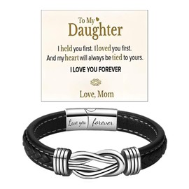 Mother and Daughter Forever Linked Together Braided Leather Bracelet, Inspirational Wristband for Women Stainless Steel Infinity Knot Engraved Leather Bangle Daughter Gift from Mom(Love You Forever)