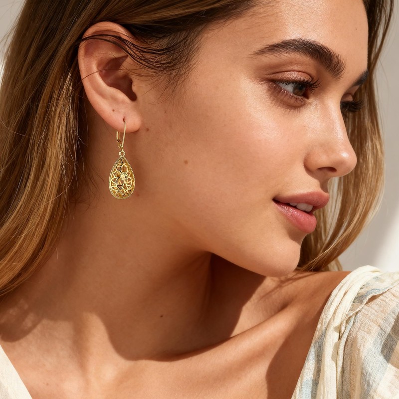 Teardrop Gold Filigree Leverback Dangle Earrings for Women Trendy Gifts