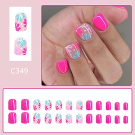FOXIIU Press on Nails Square Short Pink Glossy Full Cover Artificial Short Fake Nails with Flower Designs Acrylic Short Coffin Spring False Nails with Glue Stick on Fingernails for Women Girls