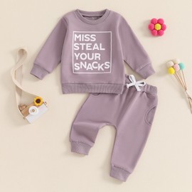 Baby Girl Fall Clothes Set Long Sleeve Letter Print Sweatshirt Pants Toddler Infant Outfits 6 12 18 24 Months 2T 3T (Solid Color Purple, 6-12 Months)