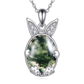 KNTTZZI Moss Agate Bunny Necklace Sterling Silver Moss Agate Pendant Sterling Silver Bunny Pendant Moss Agate Jewelry Christmas Birthday Gift for Women Wife