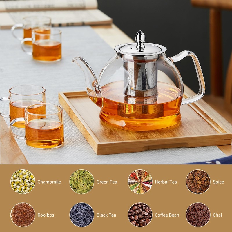 DOPUDO 1200ml Glass Teapot with Removable Infuser, Stovetop Safe Tea