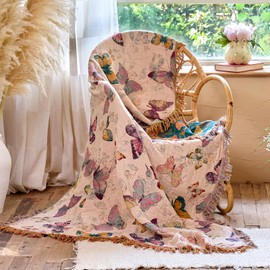 WOFNA Boho Butterfly Throw Blanket 60"x80" Twin Size Bed Blanket,100% Cotton Reversible Soft Breathable Lightweight Spring Decorative Blankets with Tassels for Couch Sofa Decor All Season