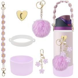 6Pcs Cup Accessories Set for Owala Water Bottle 32oz, 1Pcs Water Bottle Handle Strap, 1Pcs Siliocne Cup Boot, 3Pcs Charms for Owala Kids, Owala Coffee Tumbler, Owala FreeSip-Purple