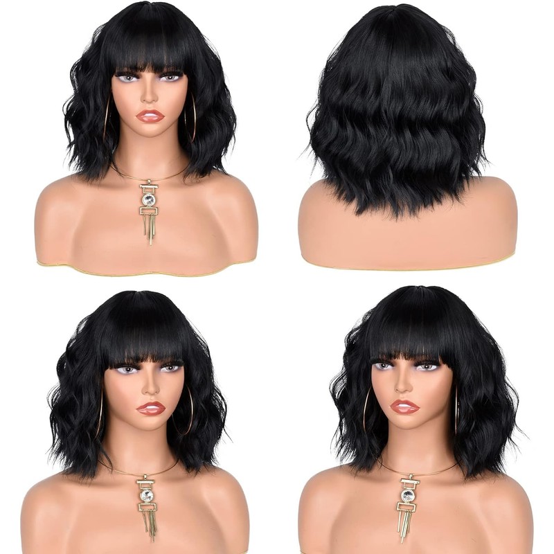 CoCrowns Short Wavy Wig with Air Bangs Shoulder Length Women's